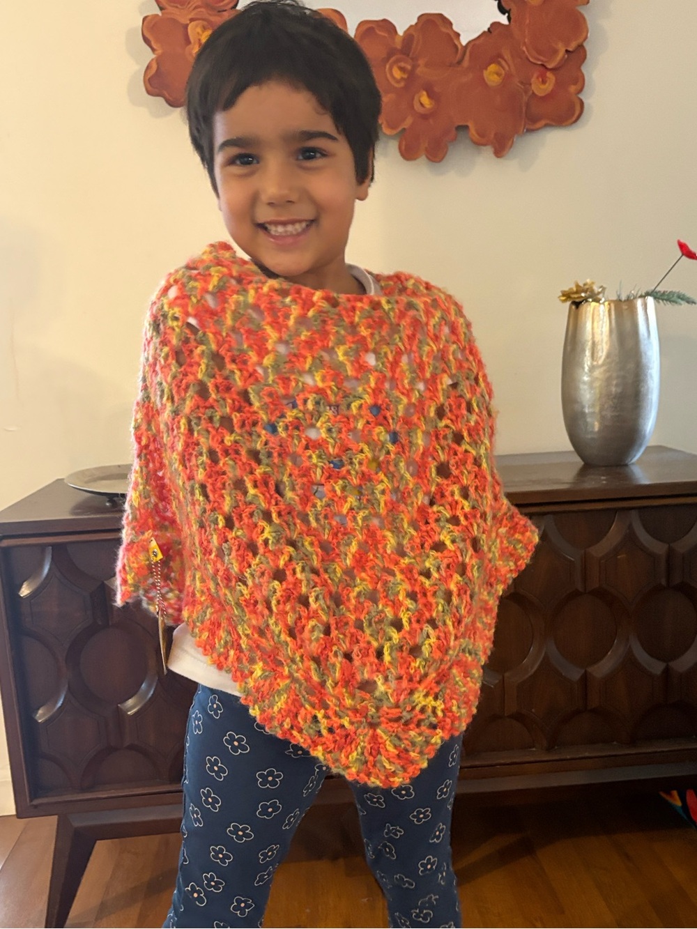 Hand-Knit Multicolor Orange & Yellow Girl Sweater Poncho
